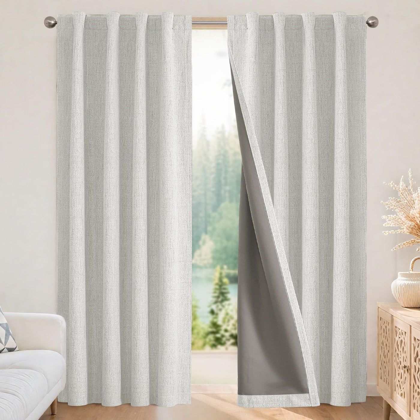 Joydeco Blackout Curtains for Bedroom - 100% Light Blocking 2 Panels Set White Drapes 42"" W x 108"" L, Thermal Insulated Room Darkening Curtains, Linen Textured for Living Room, Rod Pocket & Back Tabs